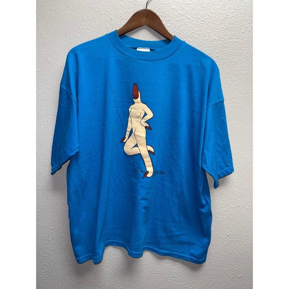 Vintage Finger People Shirt Art Artwork Pinky Blue Graphic Tee Sunbelt 80s XL